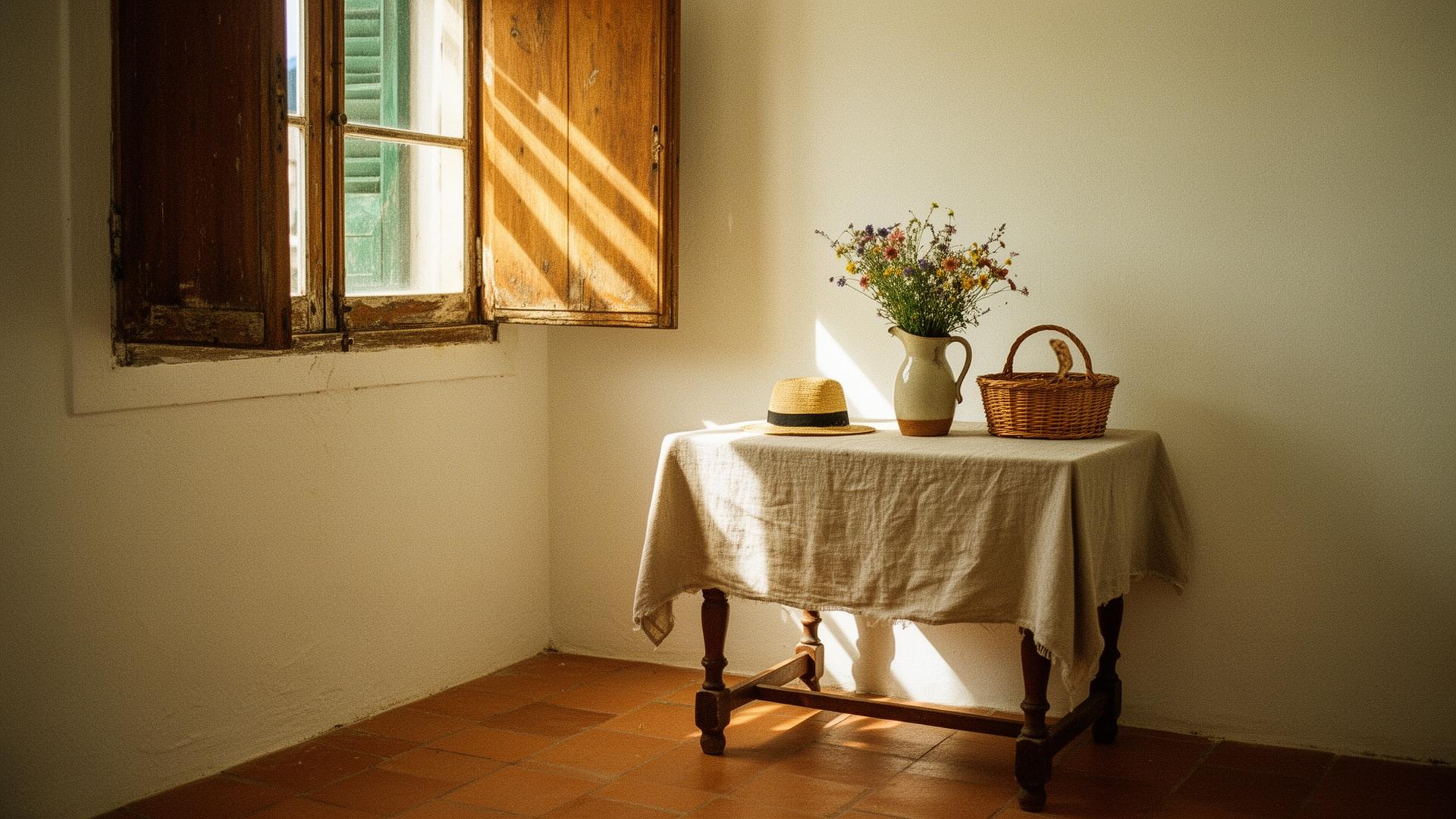 Sunlight on wooden shutters and a linen-draped table inside Casa Areias do Mar